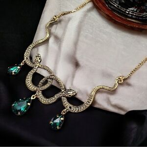 Anthro Vintage Inspired Gold Snake Necklace With Green Gemstones
